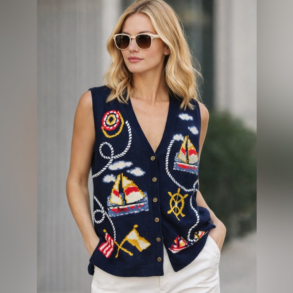 Vintage 1990s Nautical Sailboats and Maritime Sweater Vest with Anchor Buttons